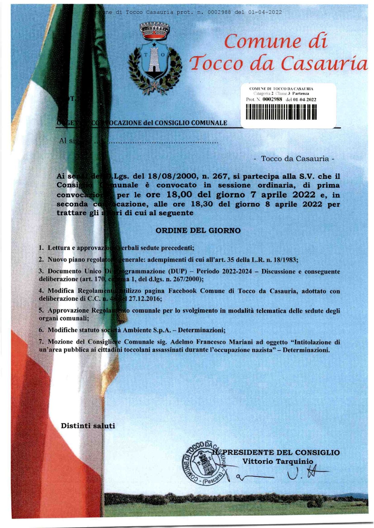 CONVOCAZIONE CONSIGLIO COMUNALE